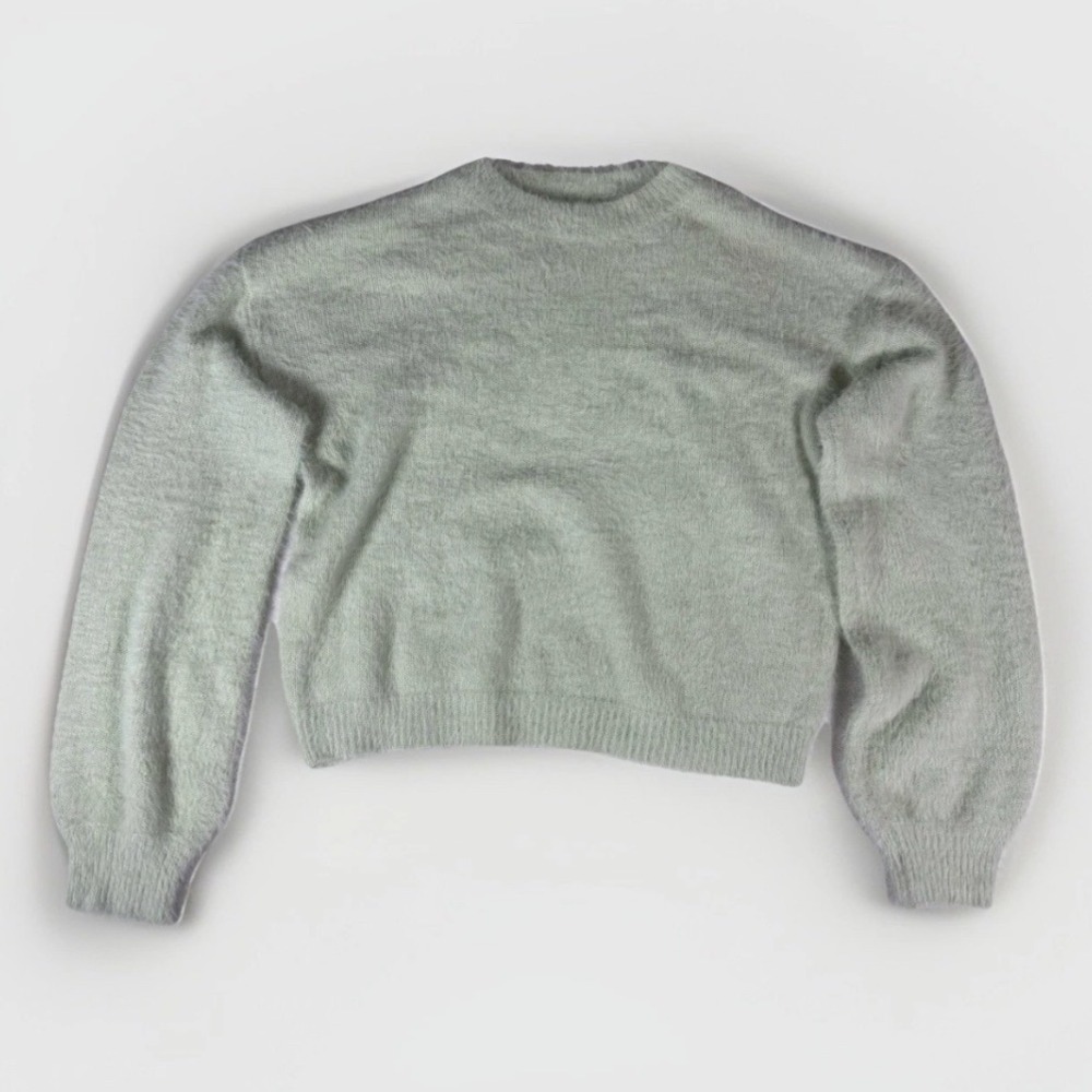 NASTY GAL Fuzzy Knit Lounge Set Medium Light Green‎ Mock Neck Long Sleeve Flare